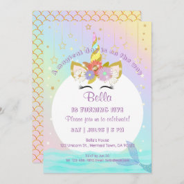 Meermaïde Unicorn Rainbow Birthday-uitnodigingen Kaart