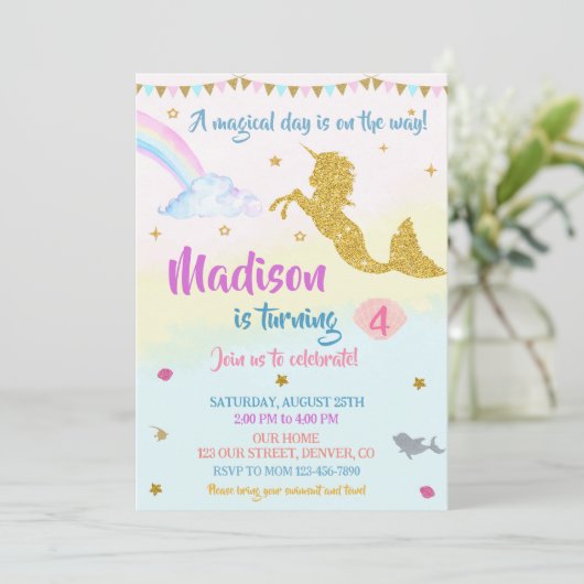 Meermicorn verjaardagsuitnodiging Girl Magical par Kaart (Staand voorkant)