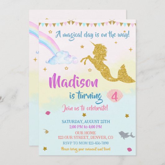 Meermicorn verjaardagsuitnodiging Girl Magical par Kaart (Voorkant / Achterkant)