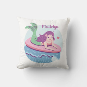 Meermin meisje op surfplank Oceaan kamer decor Kussen