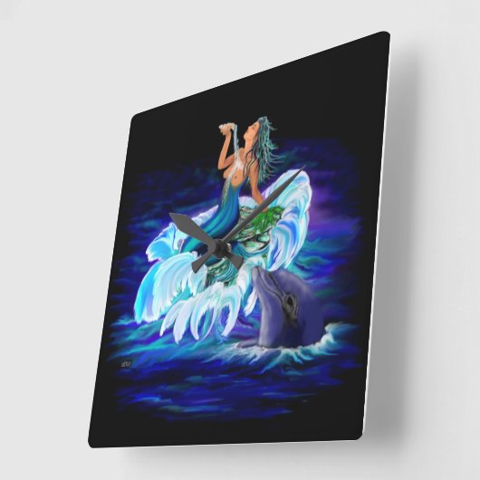 Meermin met Dolfijn Vierkante Klok (Hoek)