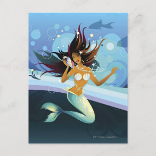 Meermin met shell aan oor briefkaart