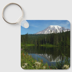 Meerreflectie van Mount Rainier met wilde bloemen Sleutelhanger