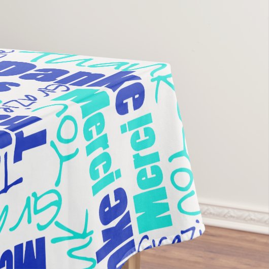 Meertalige blauwe turquoise dank u typografie tafelkleed (Voorbeeld)