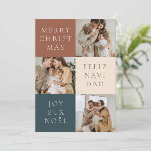 Meertalige vrolijke kerst moderne foto feestdagenkaart (Staand voorkant)
