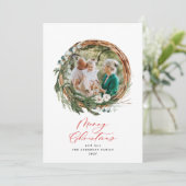 Meervoudig blad met vrolijk kerstscript rood feestdagenkaart (Staand voorkant)