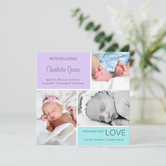 Meervoudige Fotoaankondiging//Paarse Aqua Aankondiging (Staand voorkant)