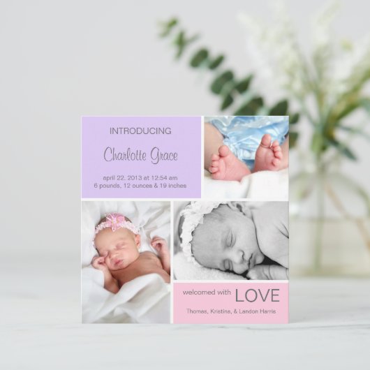 Meervoudige Fotoaankondiging//Roze Paars Aankondiging (Staand voorkant)