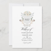 Meerzijde Monogram Crest QR Code RSVP Huwelijk Kaart (Voorkant)