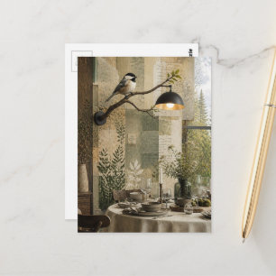 Mees in de eetkamer Surrealistische collage Briefkaart