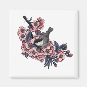 Mees op een bloeiende kersenboomtak magneet