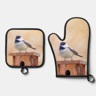 Mees op Vogelhuis Schilderij Originele Vogel Kunst Ovenwant & Pannenlap Set