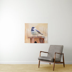 Mees op vogelhuis Schilderij Originele Vogel Kunst Wandkleed