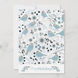 Mees Vogels Schattig Blauw Grijs Bloemen Bessen Feestdagenkaart