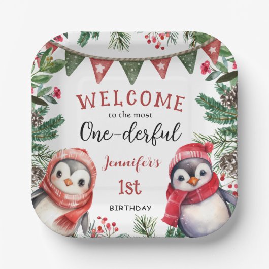 Meest eenDerful | Pinguïn Kerstmis 1e Verjaardag Papieren Bordje (Voorkant)