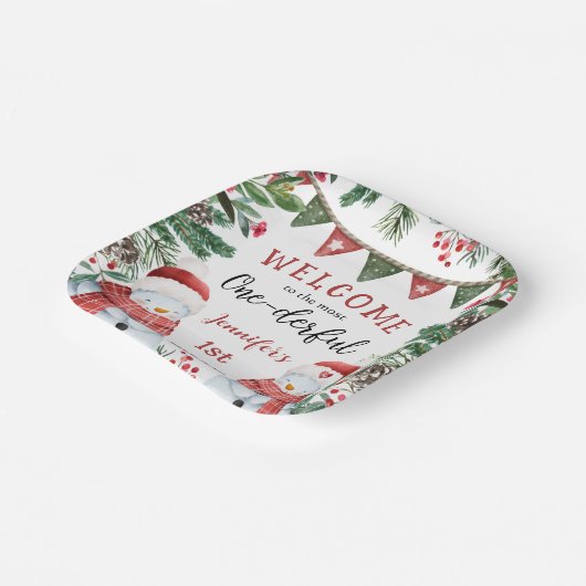 Meest eenDerful | Sneeuwman Kerstmis 1e Verjaardag Papieren Bordje (Gebogen)