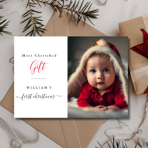 Meest gekoesterde cadeau baby's eerste kerstfoto feestdagenkaart