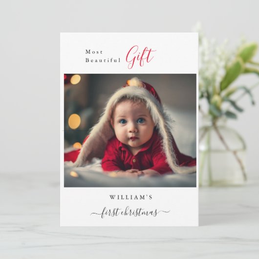 Meest mooie cadeau baby's eerste kerstfoto feestdagenkaart (Staand voorkant)