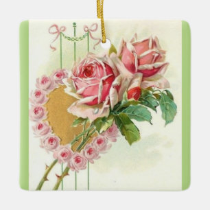 Meest mooie  roze rozen en hart keramisch ornament