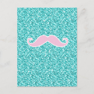 MEESTAL PINK MUSTACHT OP BLAUWGROEN GLITTER EFFECT BRIEFKAART