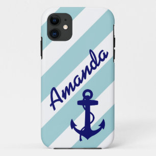 MEESTE BLAUW ANCHOR BLUE STRIPES JOUW NAAM iPhone 11 HOESJE