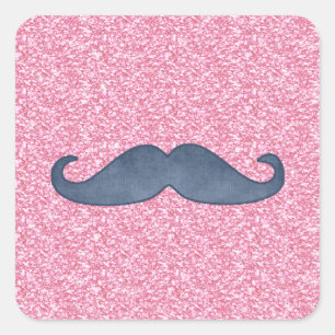 MEESTE BLAUWE MUSTACHE PINK GLITTER FOTO VIERKANTE STICKER