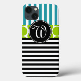 MEESTE TURQUOÏE GREEN ZWARTE STRIPES MONOGRAM iPhone 13 HOESJE