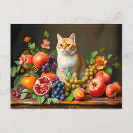 Meesterlijke kat tussen fruit en bloemen briefkaart