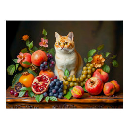 Meesterlijke kat tussen fruit en bloemen perfect poster