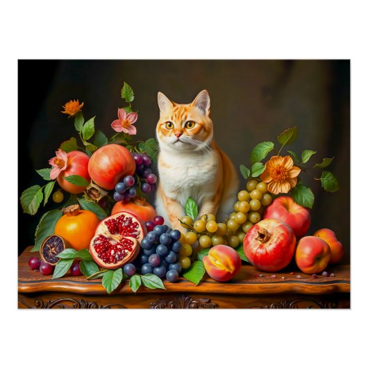 Meesterlijke kat tussen fruit en bloemen perfect poster (Voorkant)