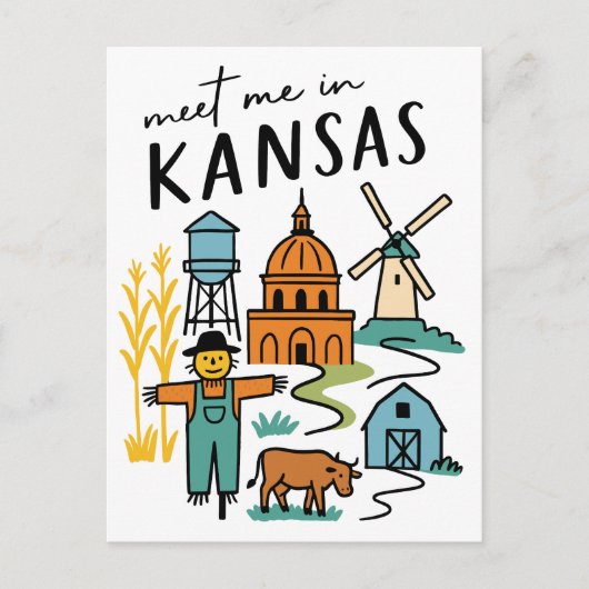 Meet Me In Kansas Retro Farm Scarecrow Windmill Briefkaart (Voorkant)