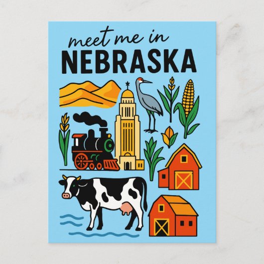 Meet Me In New Nebraska Retro Landmarks Icons Briefkaart (Voorkant)