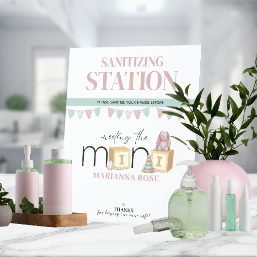 Meet The Mini Pink Sanitizing Station Reclamebord Met Voetstuk
