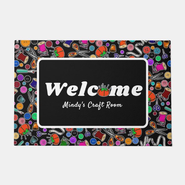 Meet tweemaal gesneden eenmaal naaibenodigdheden o deurmat (Voorkant)