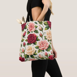 Meetkundig Cute Roos Patroon Roze Rood Perzik Bloe Tote Bag