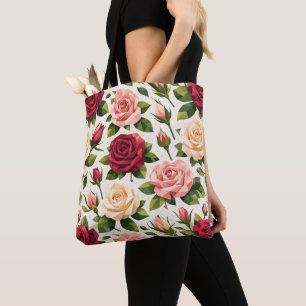 Meetkundig Cute Roos Patroon Roze Rood Perzik Bloe Tote Bag