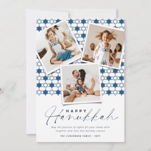 Meetkundige Navy Blauwe Davidsterren Hanukkah Foto Feestdagenkaart (Voorkant)