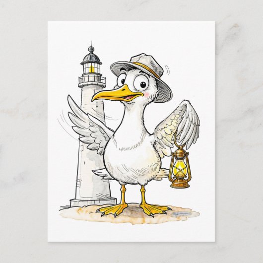 Meeuw Comic Vuurtoren Lantaarn Briefkaart (Voorkant)