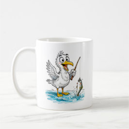 Meeuw die met hengel vist in ondiep water koffiemok