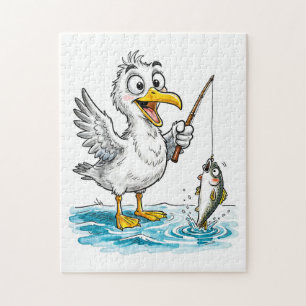 Meeuw die met hengel vist in ondiep water legpuzzel
