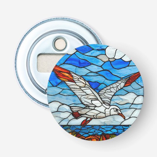Meeuw glas in lood button flesopener (Voorkant)