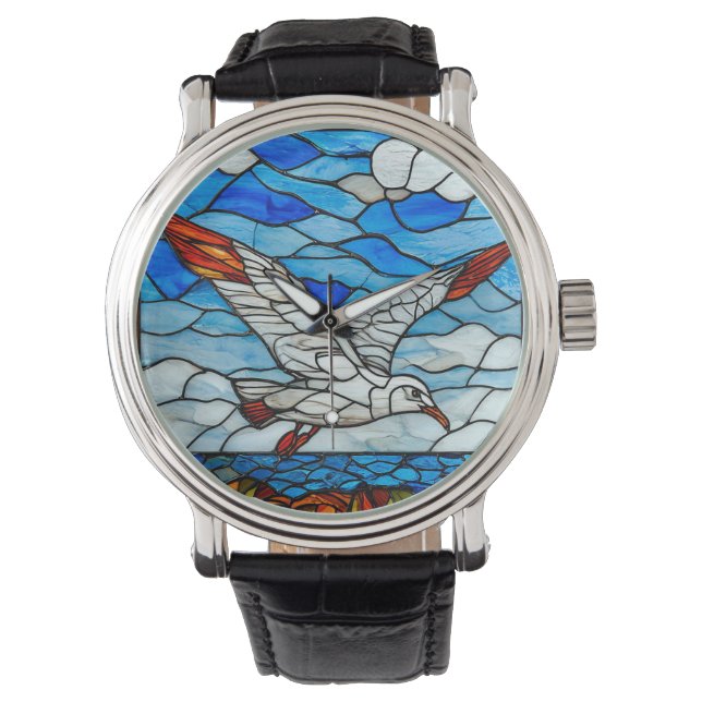 Meeuw glas in lood horloge (Voorkant)