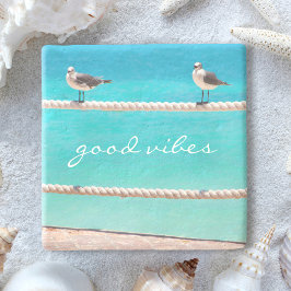 Meeuw Vogels Turquoise Oceaan Foto Goede Vibes Stenen Onderzetter