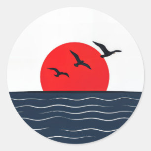 Meeuwen op Rode Zon met Oceaan Ronde Sticker