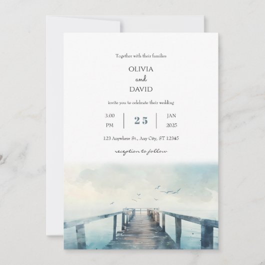 meeuwen over rustieke pier Waterverf strand bruilo Kaart (Voorkant)