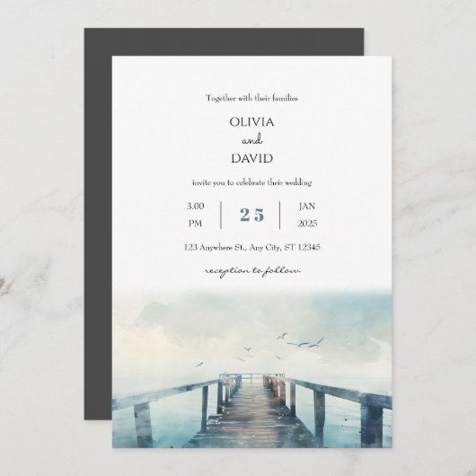 meeuwen over rustieke pier Waterverf strand bruilo Kaart (Voorkant / Achterkant)