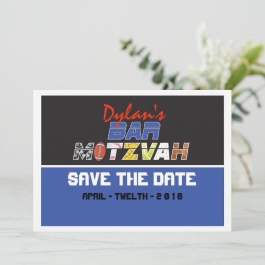 MEGA SPORTS Bar Bat Mitzvah sparen de Datum Save The Date (Staand voorkant)
