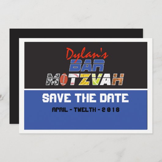 MEGA SPORTS Bar Bat Mitzvah sparen de Datum Save The Date (Voorkant / Achterkant)
