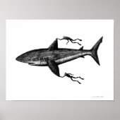 Megalodon shark and divers coole inkttekening poster (Voorkant)