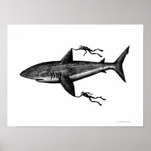 Megalodon shark and divers coole inkttekening poster